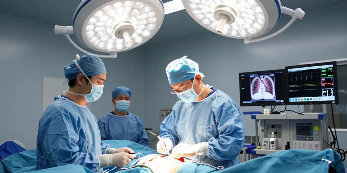 Learn about chest and lung surgery with surgeons in a modern operating room, showcasing surgical teamwork and technology.