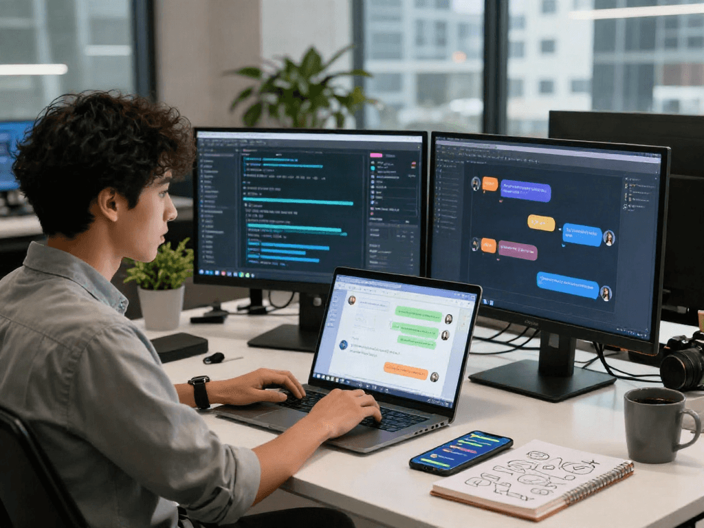 Dynamic nsfw ai chat interaction scene in a modern tech workspace with vibrant digital elements.