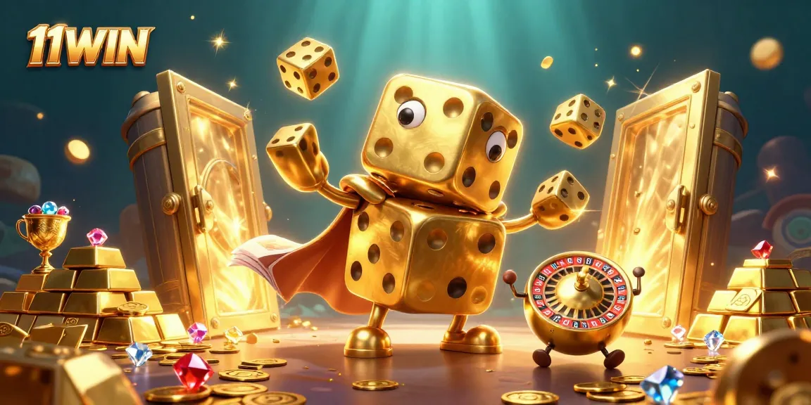 11WIN captures the thrill of winning while showing golden dice and treasures in a dynamic casino scene