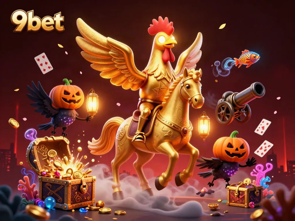 Experience the thrilling 9bet casino scene with a golden rooster and dynamic elements.
