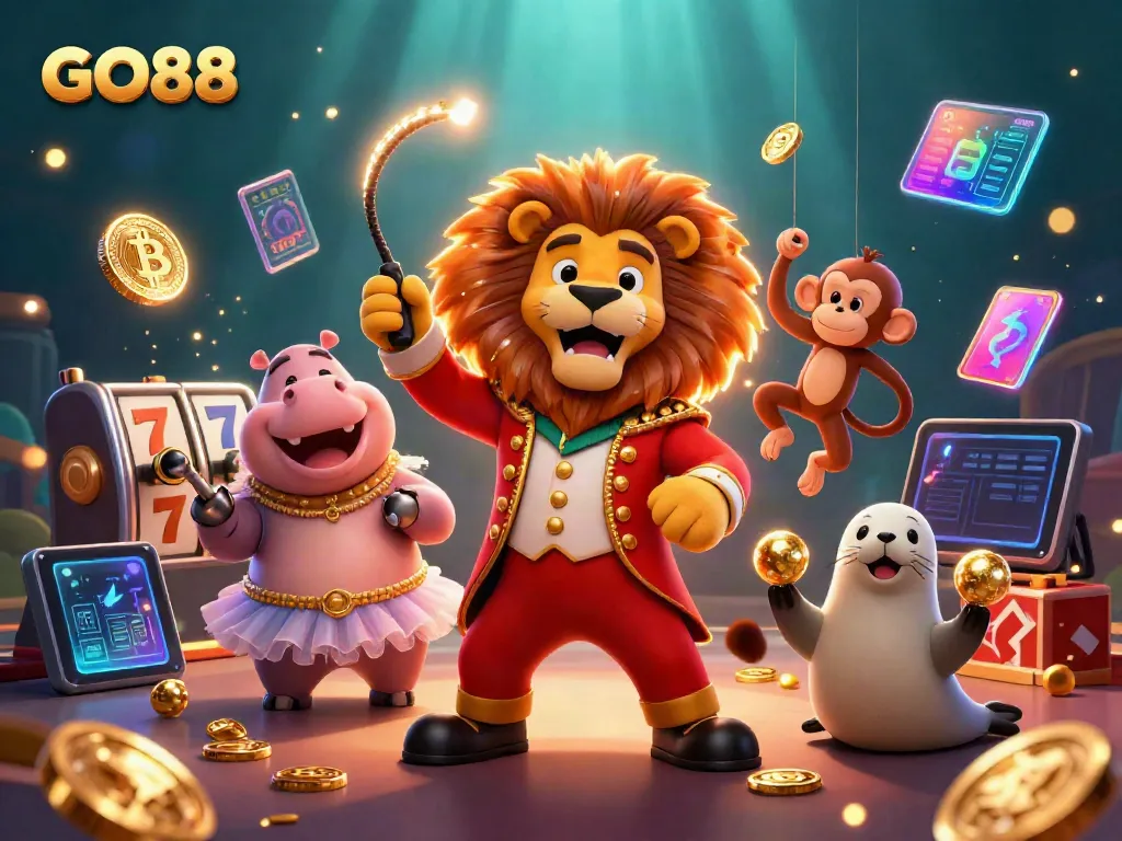 Experience the vibrant GO88 gaming world with whimsical characters amidst glowing slot machines and crypto elements.