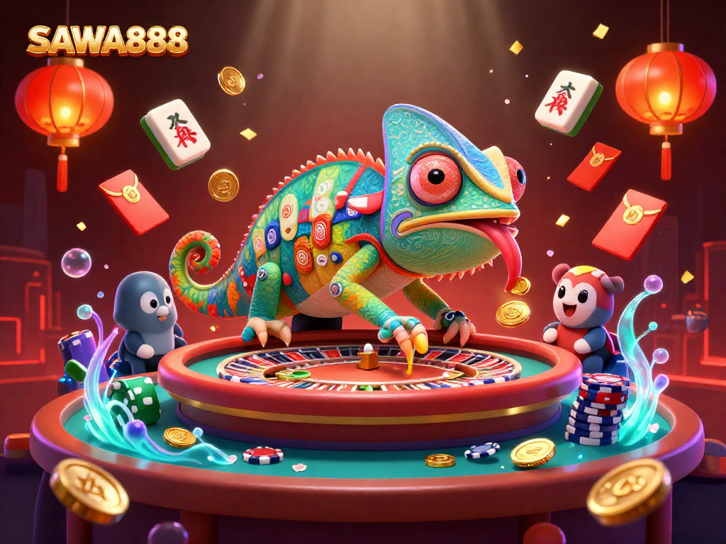 Play slots and win big with SAWA888 in an engaging 3D casino scene featuring vibrant animations.