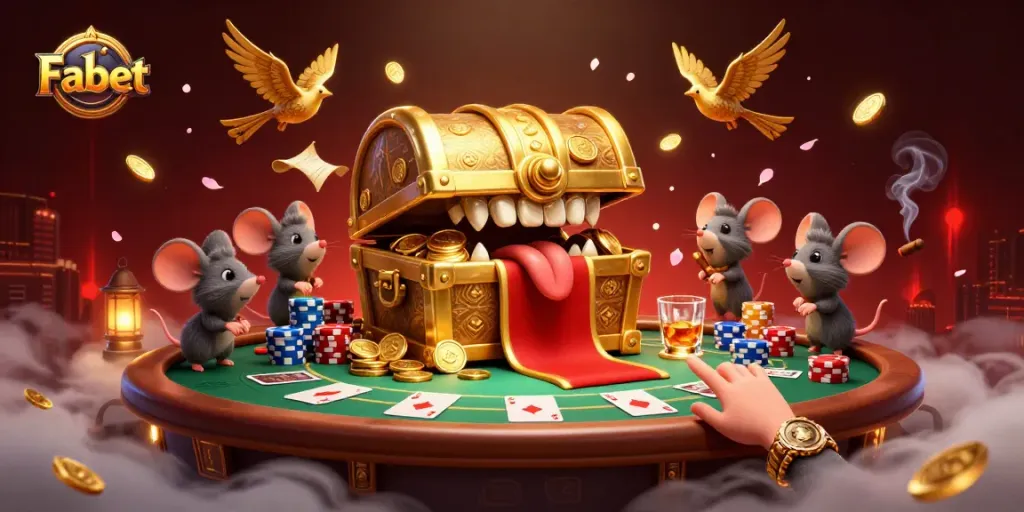 Engage in thrilling gaming at Fabet with vibrant casino-themed characters and elements in dynamic action.