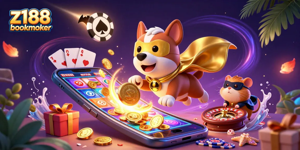 Join the fun with z188 bookmaker in this vibrant casino-themed illustration featuring exciting games and rewards.