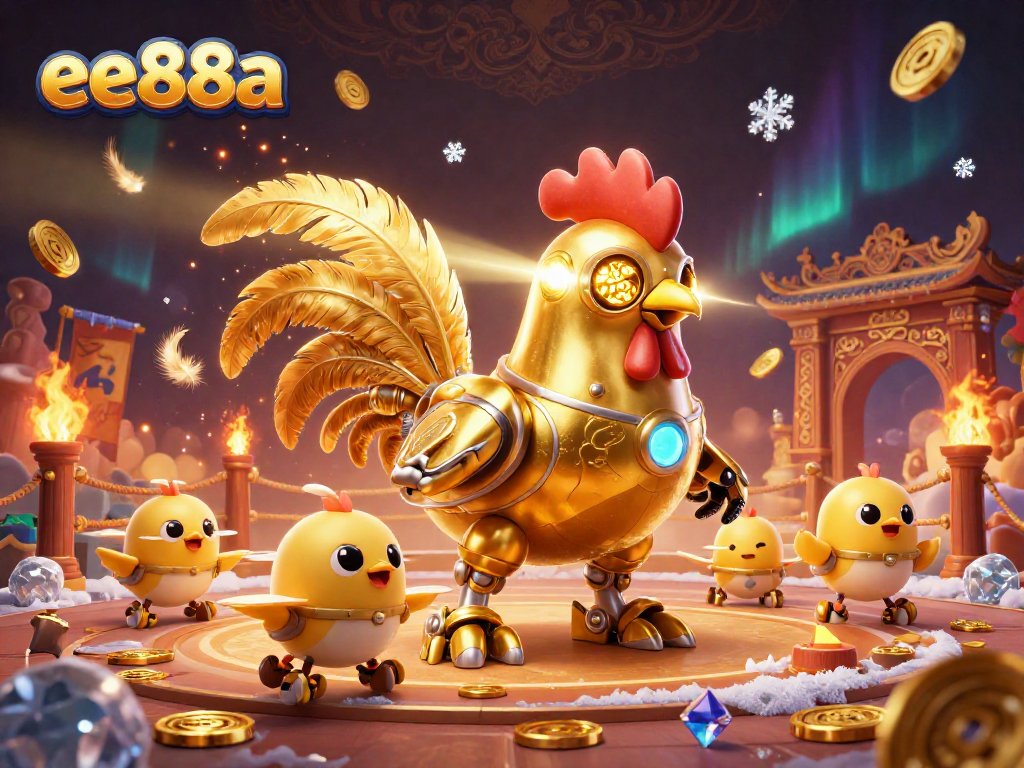 Engage in thrilling gameplay at ee88a with vibrant robots and golden treasures in a dynamic casino scene.