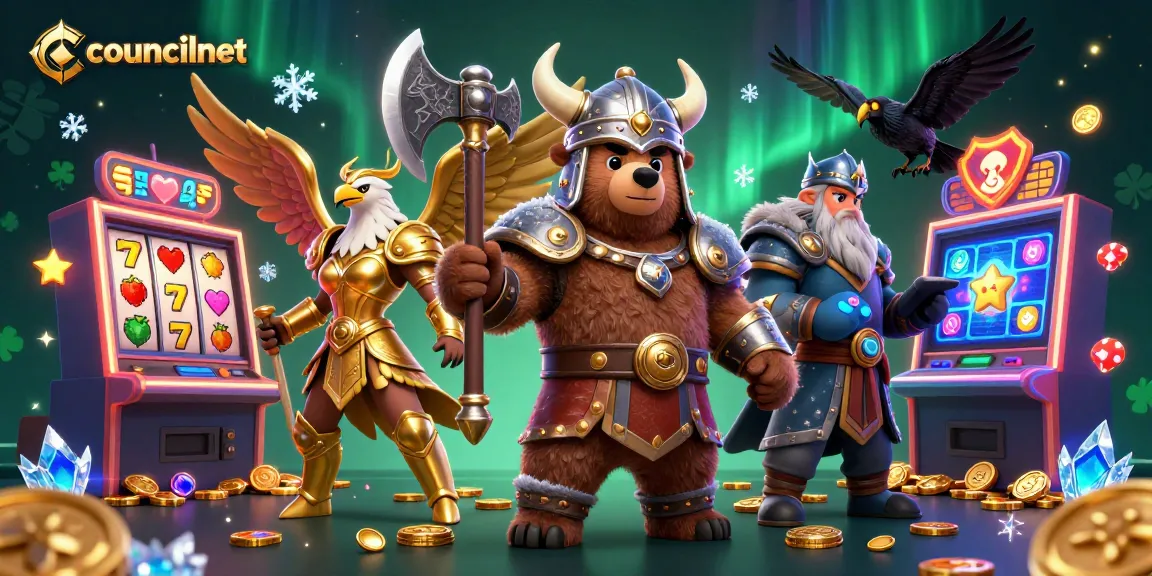 Councilnet showcases a vibrant casino scene with Viking characters, colorful slot machines, and dynamic gaming elements.