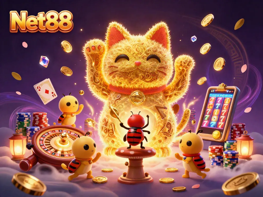 Net88 showcases a lucky cat made of golden fireflies amidst casino symbols, enhancing gambling excitement.