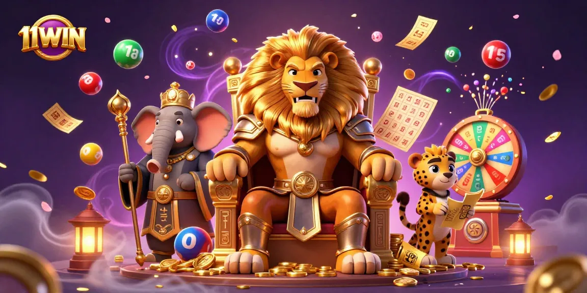 Play exciting games with 11WIN in this vibrant casino illustration featuring colorful lottery elements.