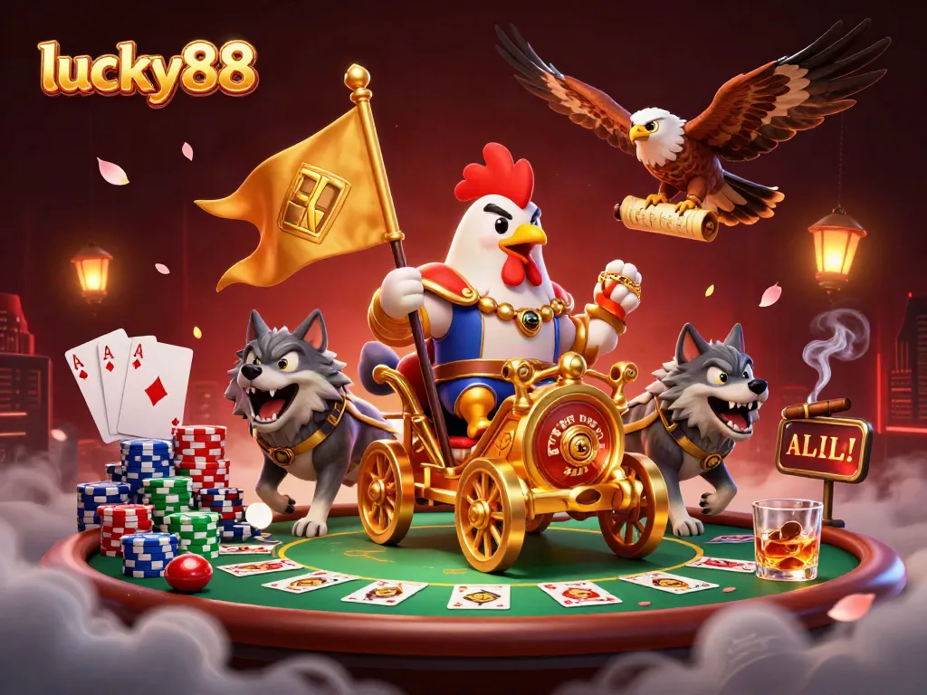Engage in thrilling gameplay with lucky88, featuring vibrant poker chips and an adventurous rooster warlord.