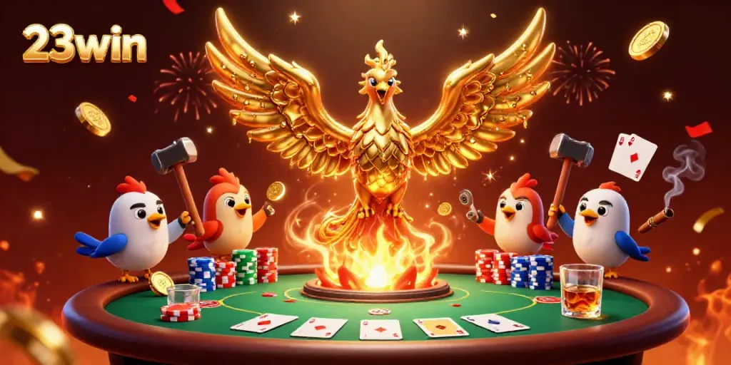 Experience dynamic gaming action and the thrill of 23win with a molten phoenix and poker elements.