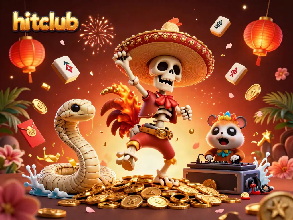 Join the hitclub experience as a vibrant mariachi rooster celebrates wins amid dazzling casino elements.