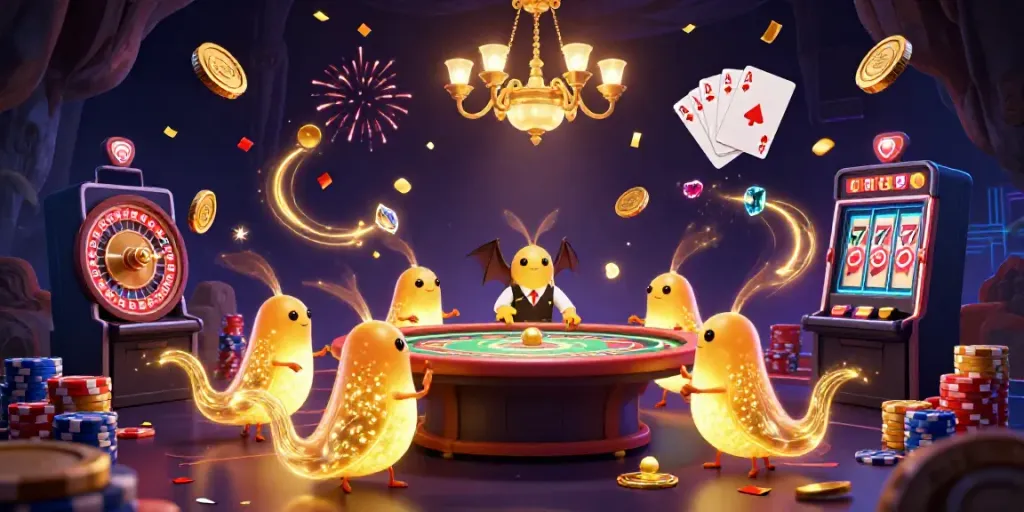 Experience HITCLUB's vibrant casino atmosphere with glowing elements, golden coins, and a dynamic gaming scene.