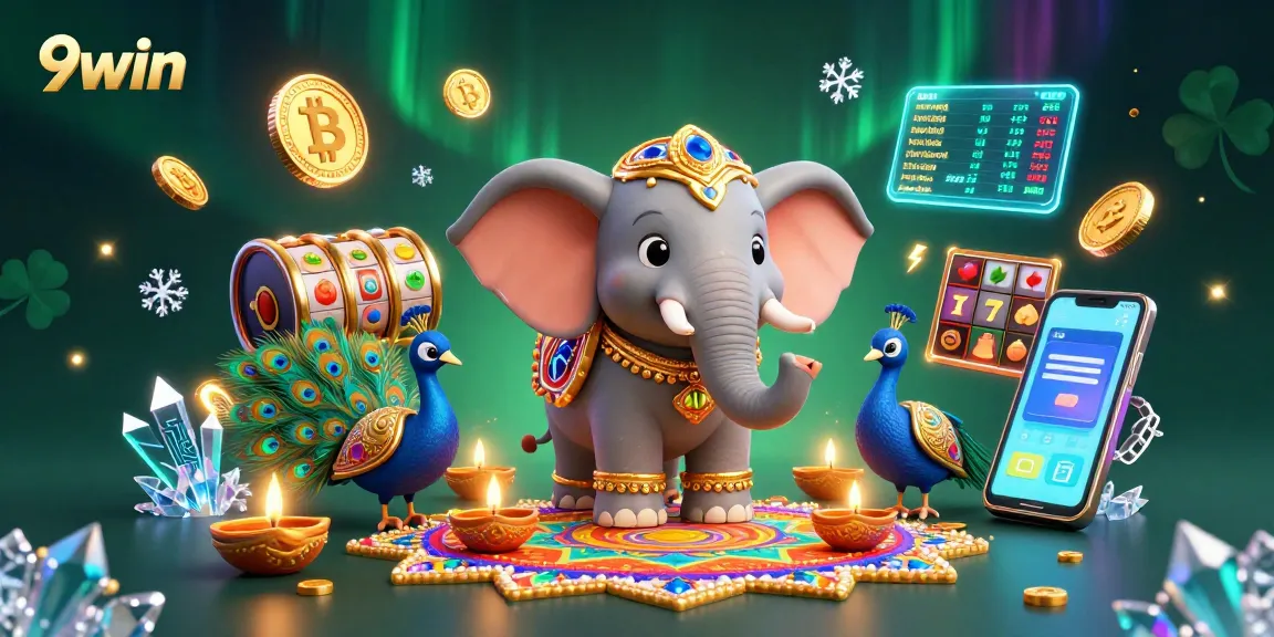 Experience thrilling slots at 9win with a vibrant casino scene featuring unique characters and crypto elements.
