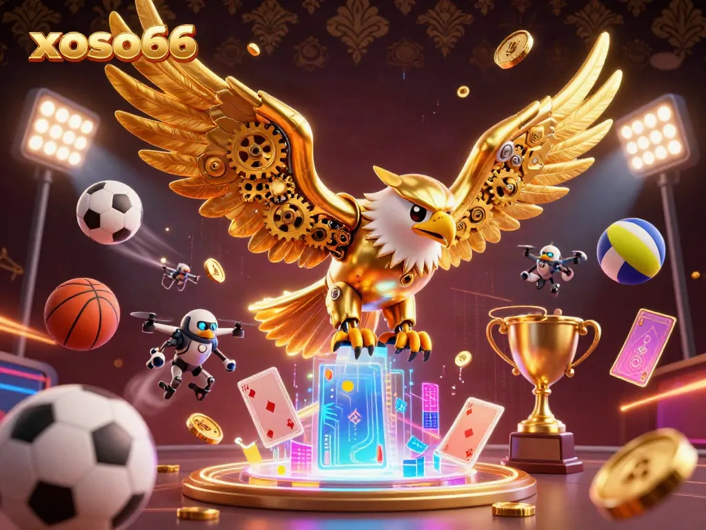 Experience the thrilling XOSO66 casino with dynamic 3D gaming elements and a golden eagle championing your bets.