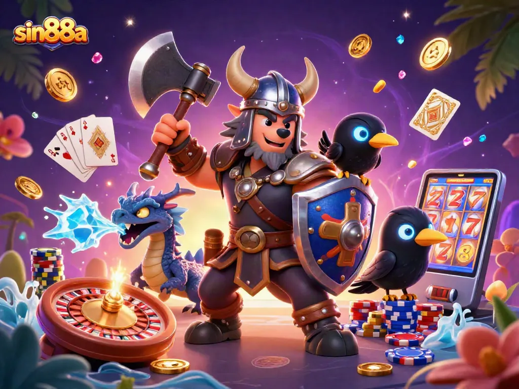 Experience thrilling gameplay at sin88a with Viking warriors and dragons amid cascading casino riches.