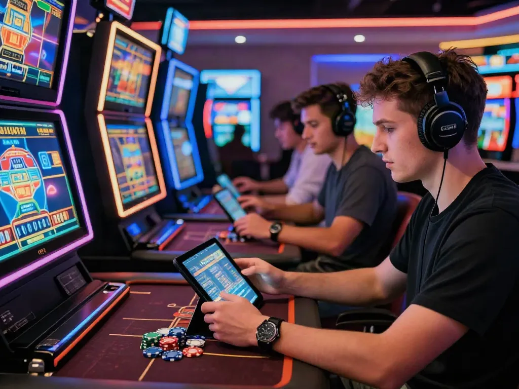Diverse players enjoying Nbet nhà cái's online gaming options in an inviting casino scene.