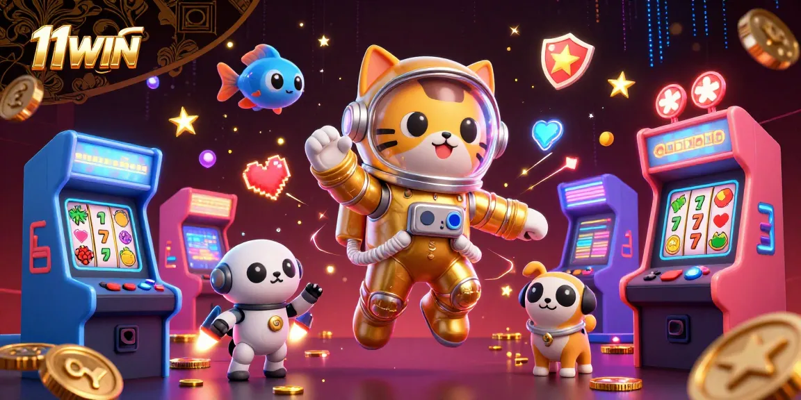 Immerse in the 11WIN gaming realm with vibrant slots and arcade elements in a cosmic scene.