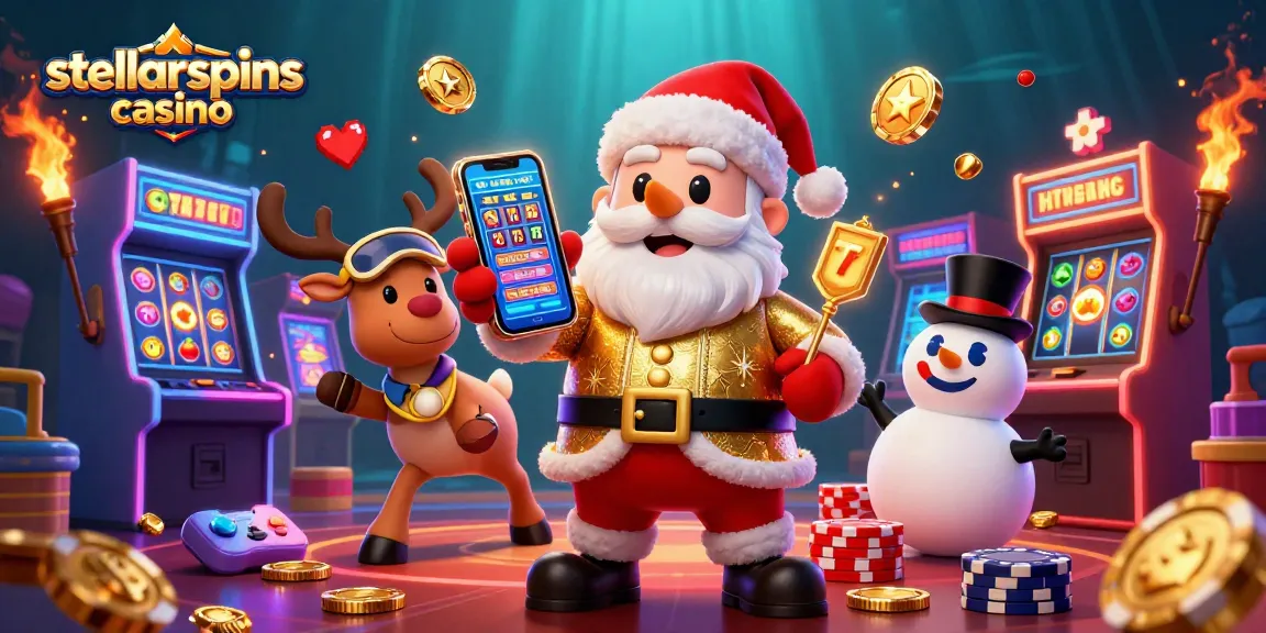 Experience the thrill of stellarspins casino with Santa and his companions in a captivating gaming illustration.