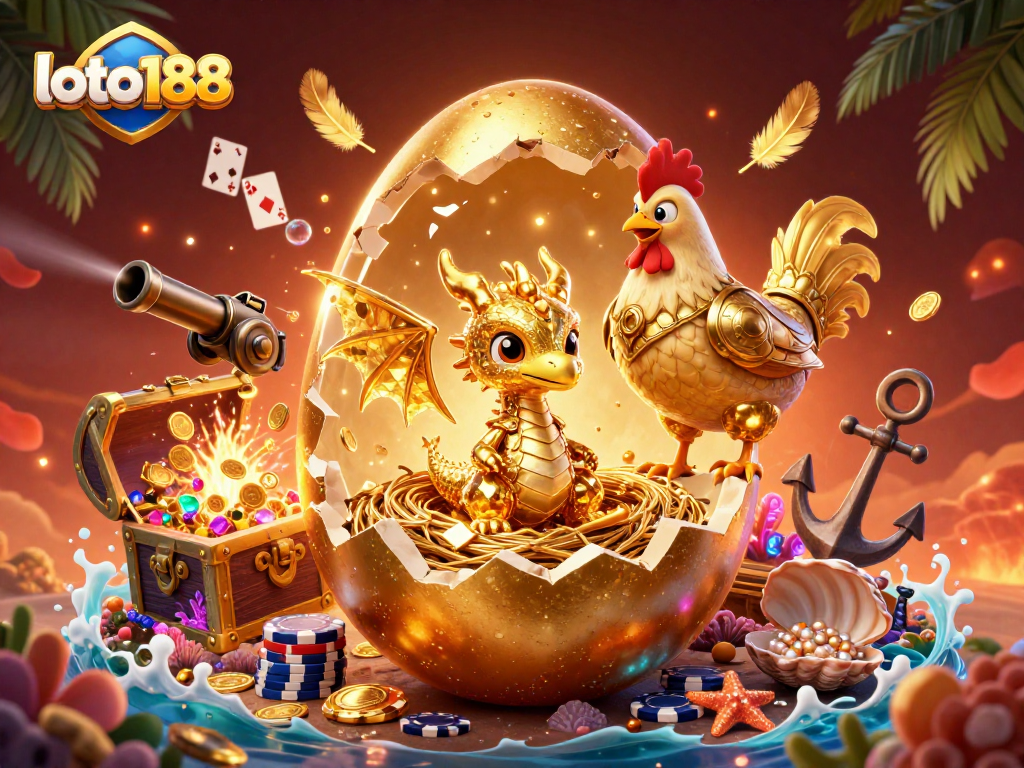 Experience the vibrant loto188 world with a golden dragon amidst poker chips, glowing gems, and thematic underwater treasures.