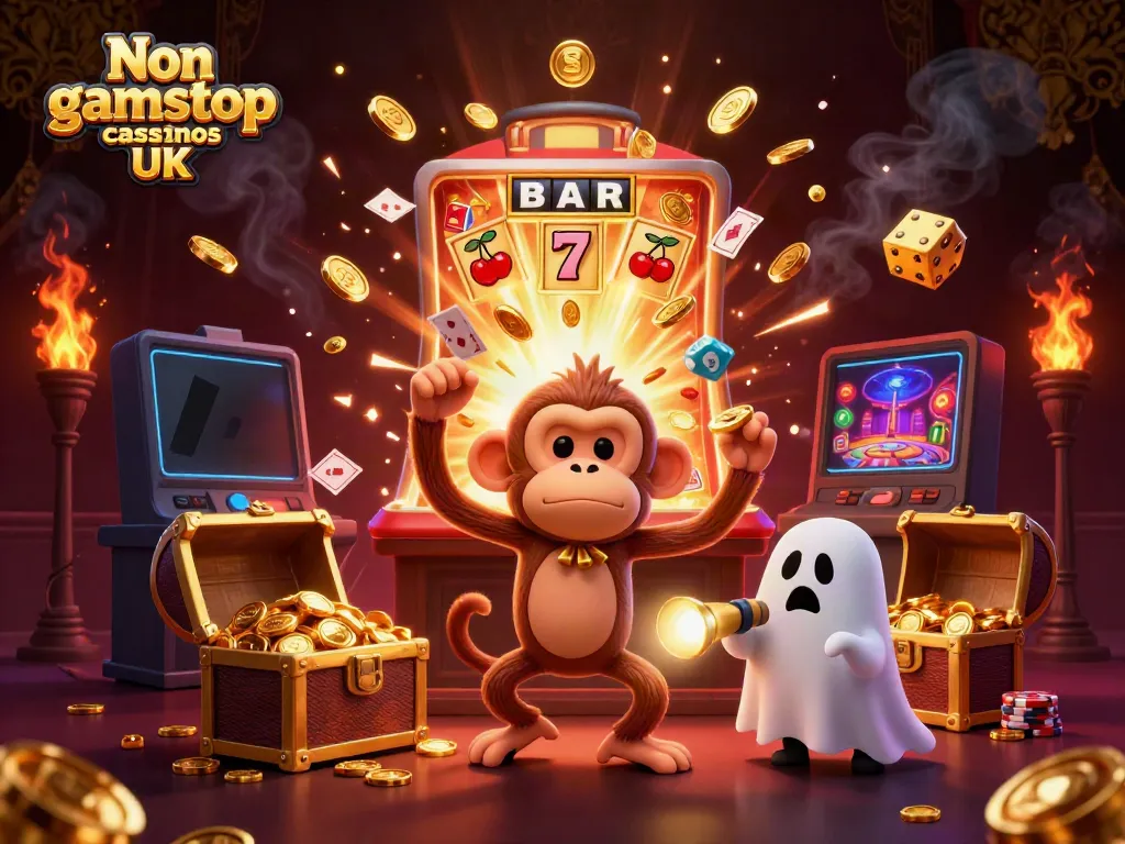 Engaging illustration showcasing Non gamstop casinos UK with a playful poltergeist monkey and a curious puppy in an exciting casino setting.