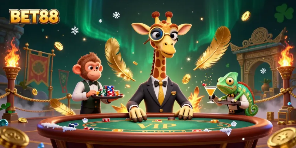 Experience the excitement of BET88 with a vibrant 3D casino scene showcasing characters and dynamic elements.