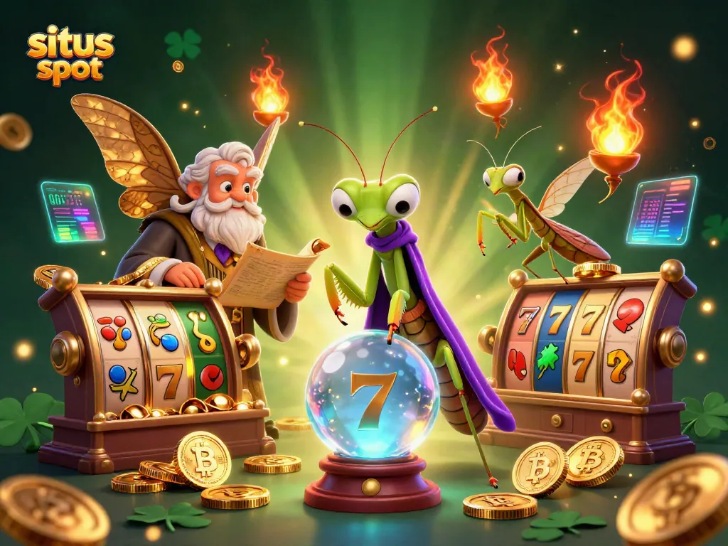 Experience situs slot gameplay with a mystical scene featuring a fortune teller, librarian, and magical oracles.