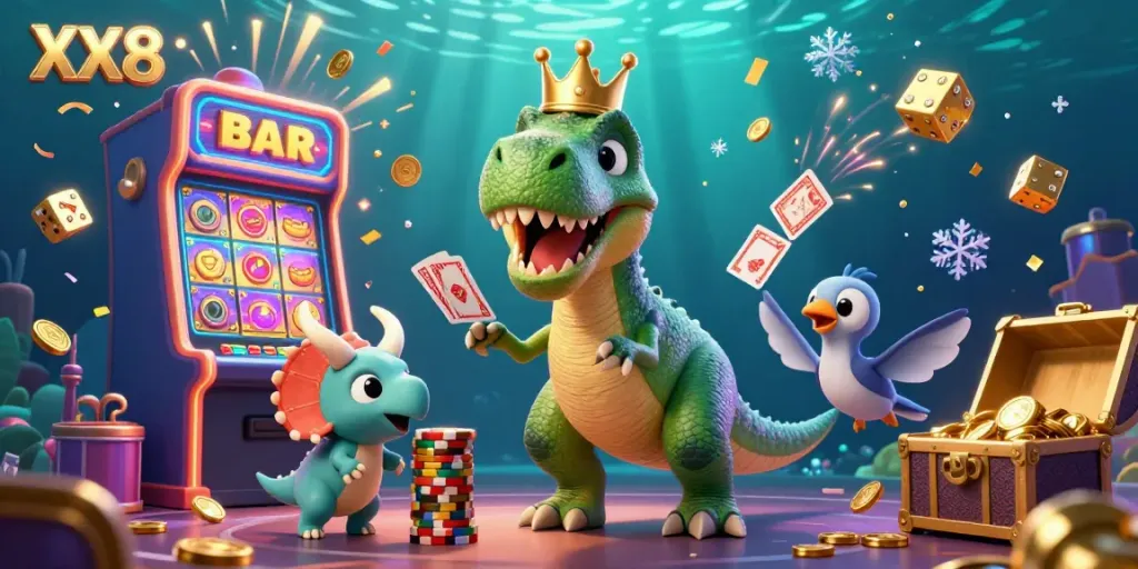 Engage with the vibrant energy of XX8 as a friendly T-Rex shuffles cards with help from a pterodactyl in a richly detailed casino scene.