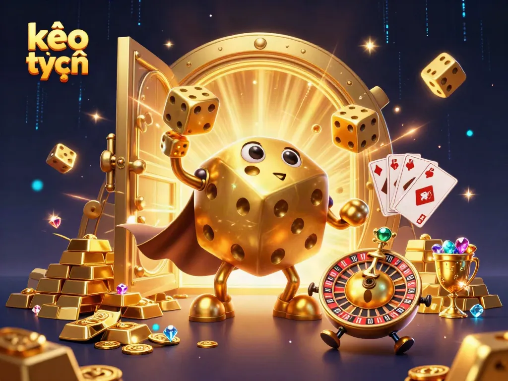 Engage with kèo trực tuyến through a vivid 3D illustration showcasing an animated casino scene with golden dice and a roulette ball.