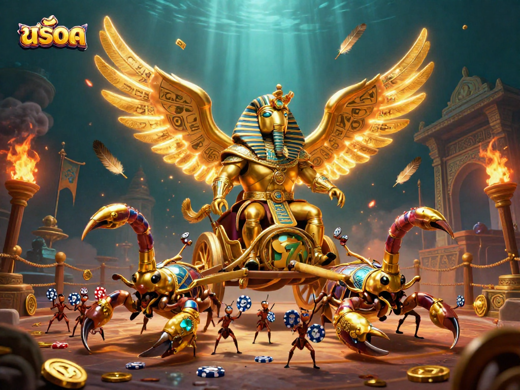 Experience thrilling สล็อต action with a colossal golden scarab beetle in an energetic casino scene.