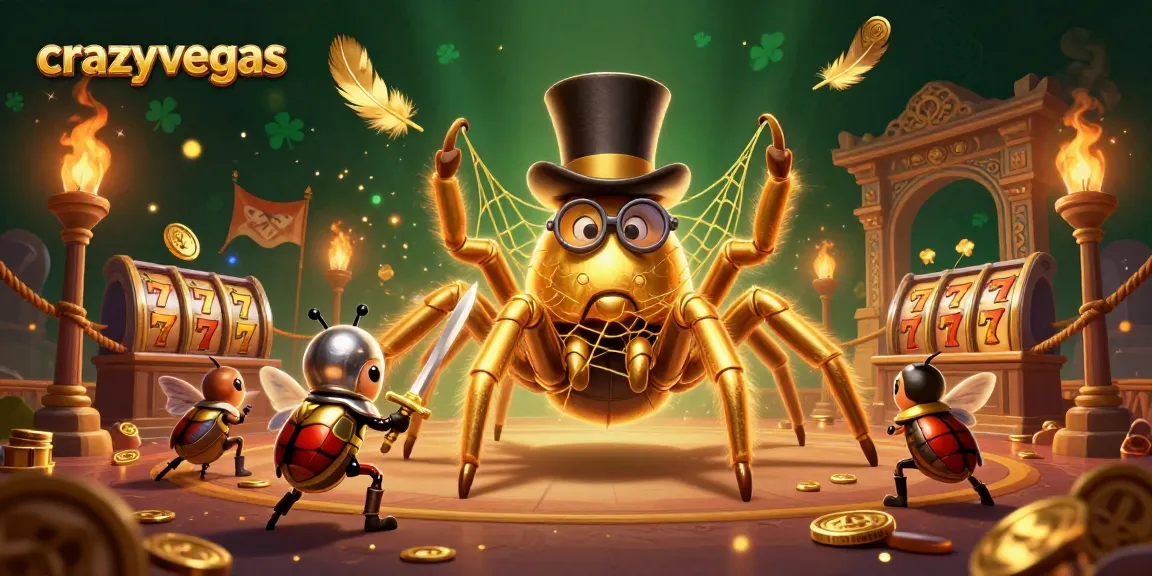 Spin at crazyvegas with a golden tarantula and beetle knight amidst exciting slots.