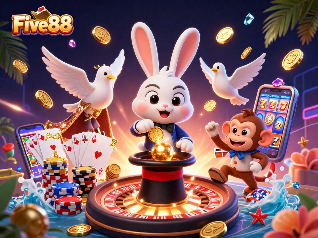 Experience thrilling gaming with Five88, featuring a magician rabbit, coins, and poker chips in a vibrant casino scene.