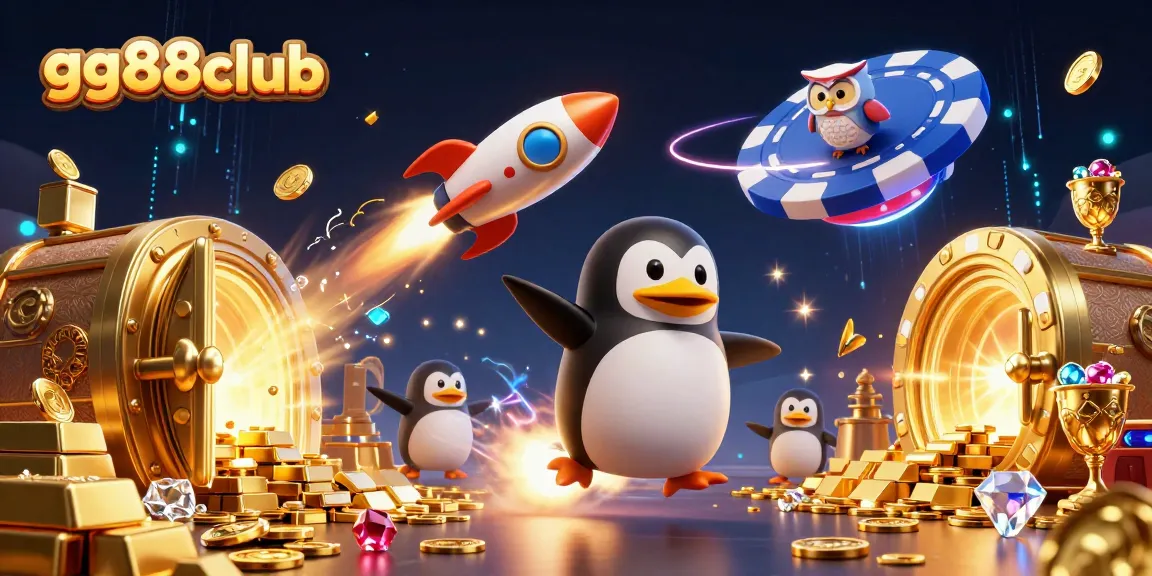 Experience the thrill at gg88club with a 3D penguin blasting coins in a dazzling casino universe.