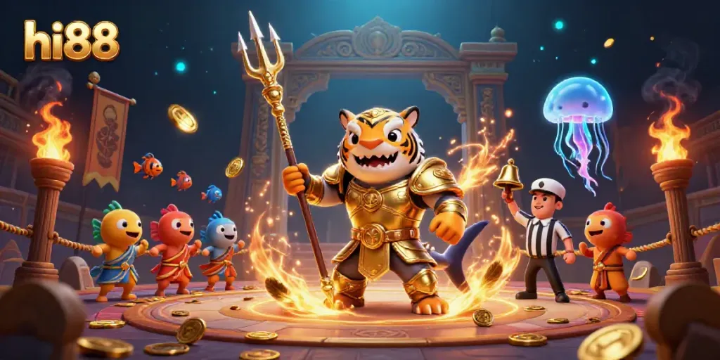 Experience the thrilling underwater colosseum at hi88, showcasing a golden-armored shark and vibrant sea life.