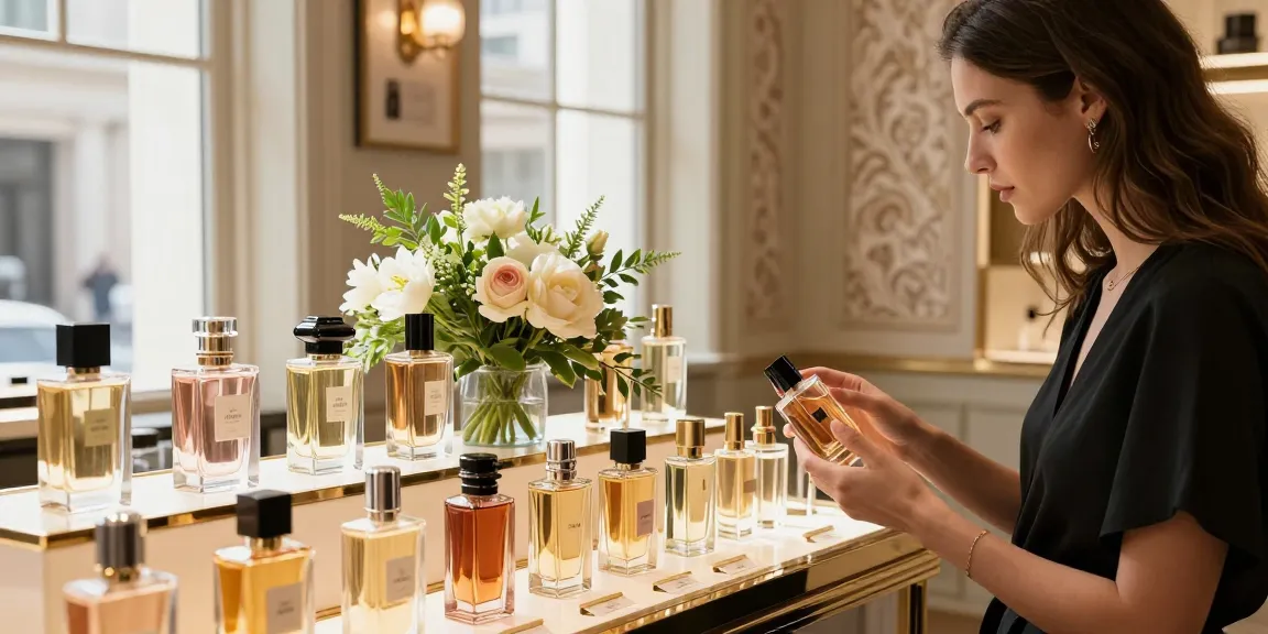 Long-Lasting Perfumes elegantly displayed in a boutique with natural lighting and floral accents.