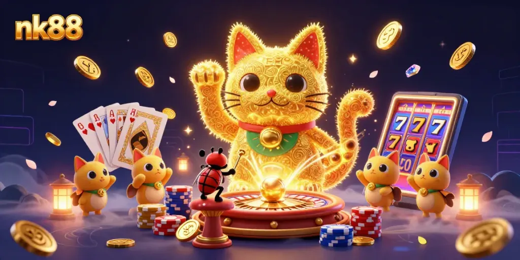 Experience exciting games at nk88 with a vibrant lucky cat and dynamic casino elements.
