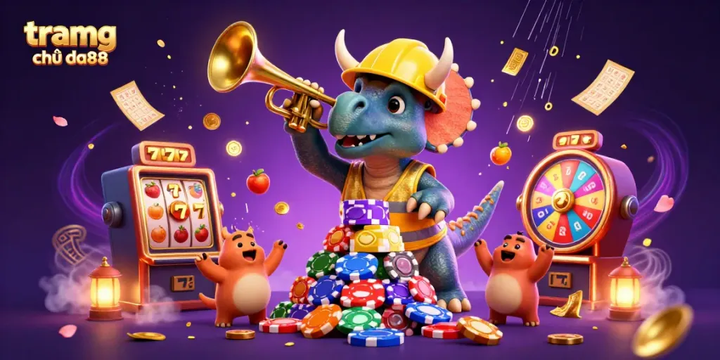 Experience the excitement of tramg chủ da88 with vibrant slot game elements and dynamic characters celebrating wins.