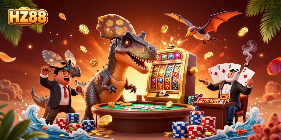 Engaging HZ88 casino scene featuring a cartoon dinosaur celebrating a slot machine jackpot with flying coins.