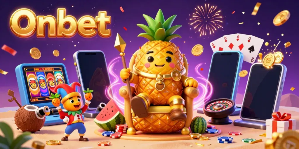 Onbet's golden pineapple king and his jester showcase excitement in a vibrant casino scene.