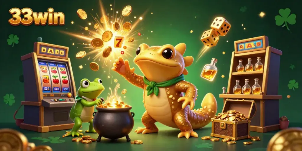 Experience thrilling gameplay at 33win with a golden salamander alchemist amid a casino paradise.