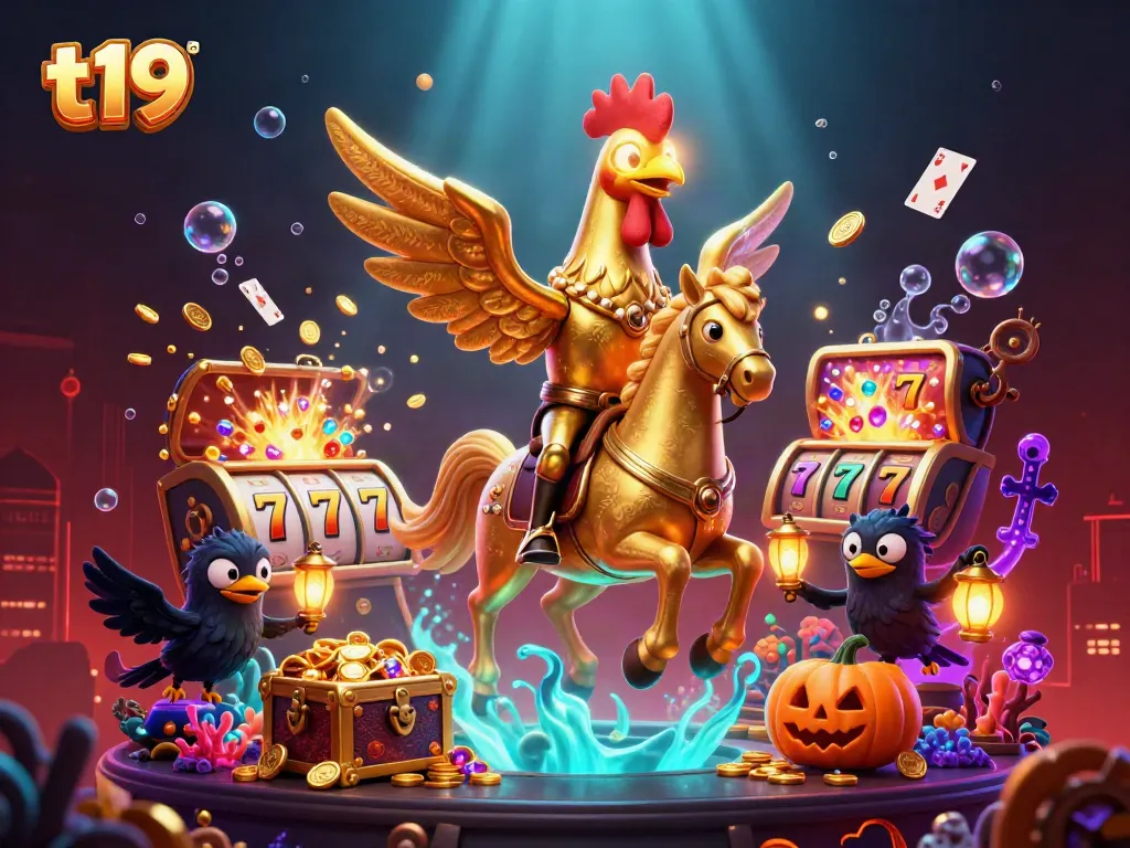 Experience the thrilling t19 casino scene with a golden rooster and friends amidst vibrant slots and treasures.