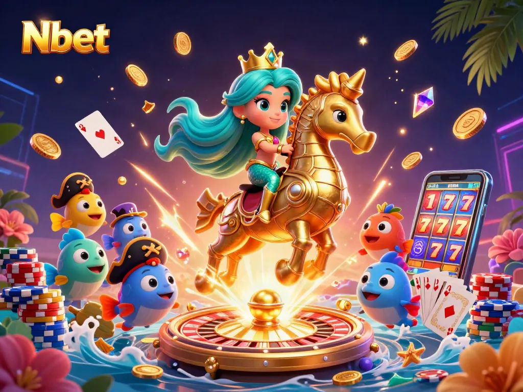 Nbet inspires excitement with a 3D mermaid princess and seahorse amidst cascading gold coins and vibrant casino elements.