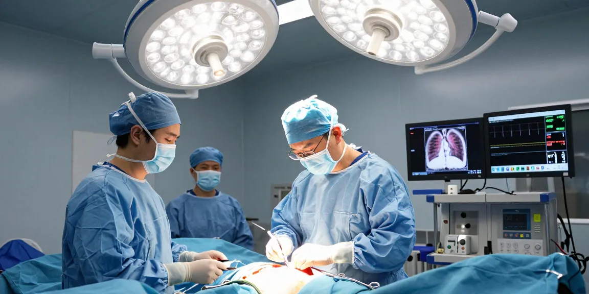 Learn about chest and lung surgery with surgeons in a modern operating room, showcasing surgical teamwork and technology.