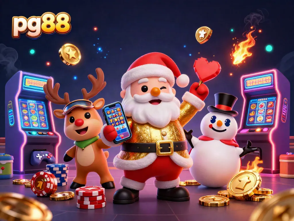 Experience jackpot thrills with pg88 in this vibrant, festive casino illustration featuring Santa and friends.