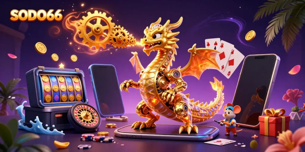 SODO66 showcases an enchanting 3D dragon breathing golden gears amid lively casino elements for an engaging gaming experience.