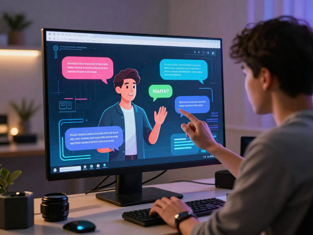 Engaging nsfw ai chat interaction in a futuristic workspace with vibrant interfaces.