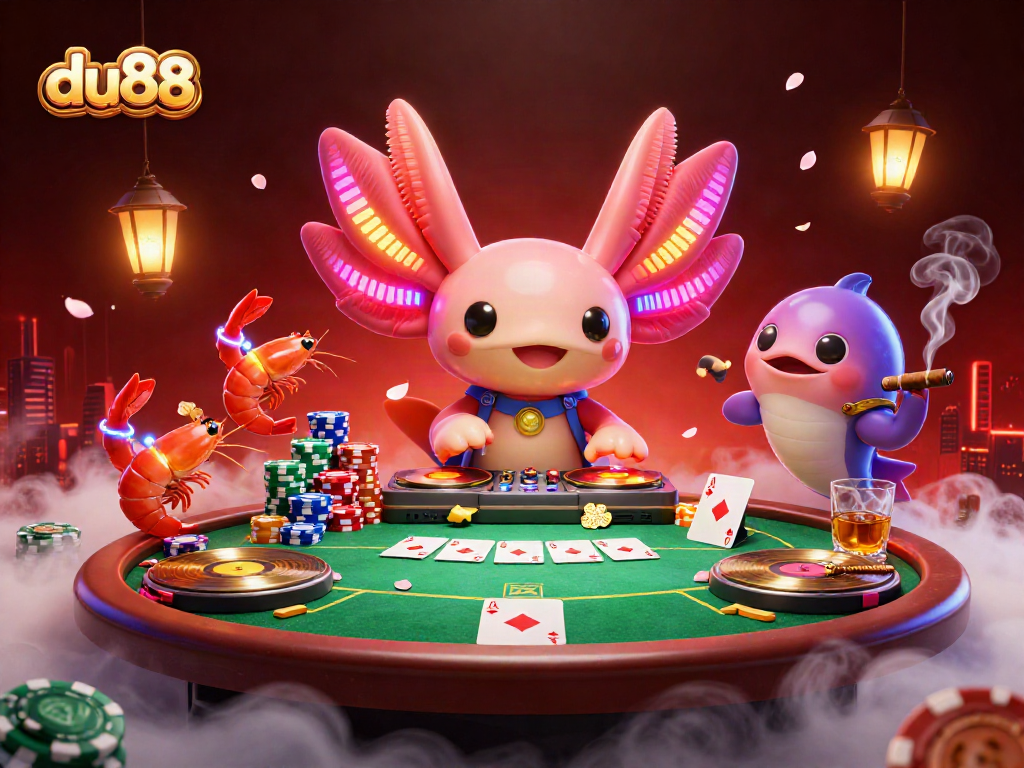 Experience du88 casino excitement with a vibrant 3D illustration of a DJ axolotl and poker scene.