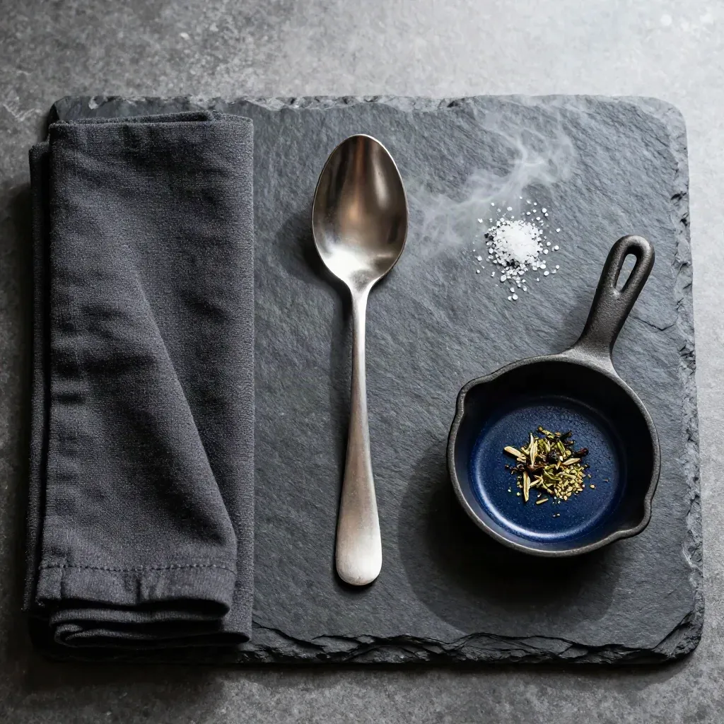 Top-down chef tasting set on dark stone with tweezers, spoon, linen and cast-iron dish.