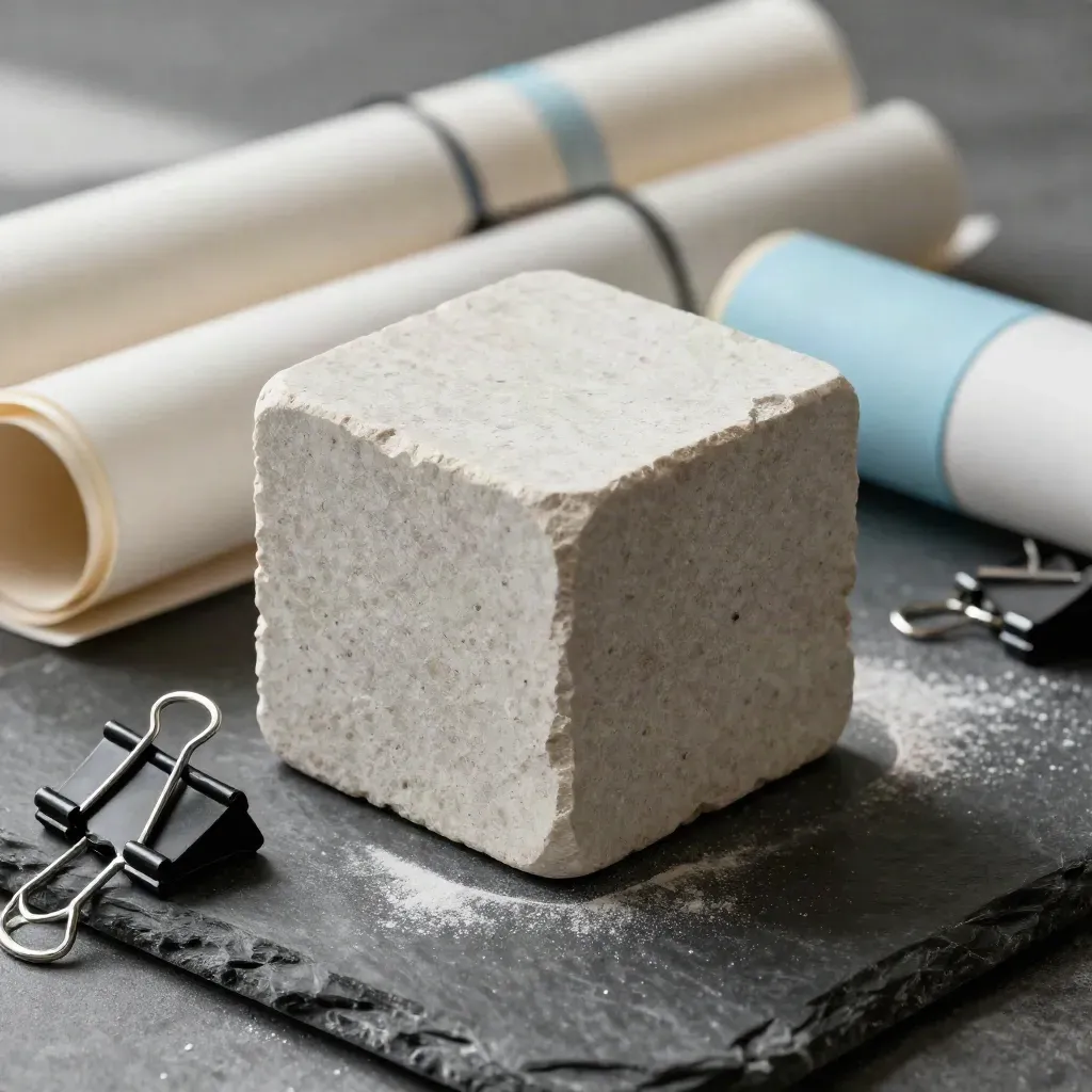 Stone sample cube, vellum roll, and binder clips on a charcoal slab in soft light.
