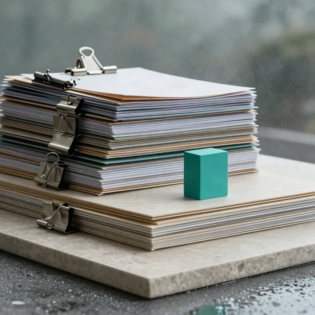 Tiered concept boards, folders, clamps, and a teal block on brushed stone in cool morning haze.