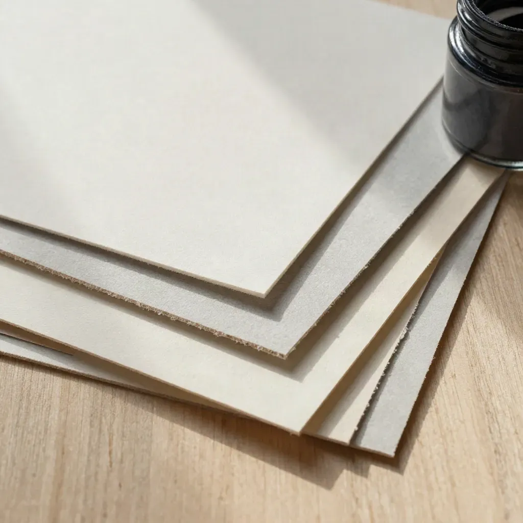 Paper swatches, cotton board offcuts, and a pigment jar on pale wood, lit from above left.